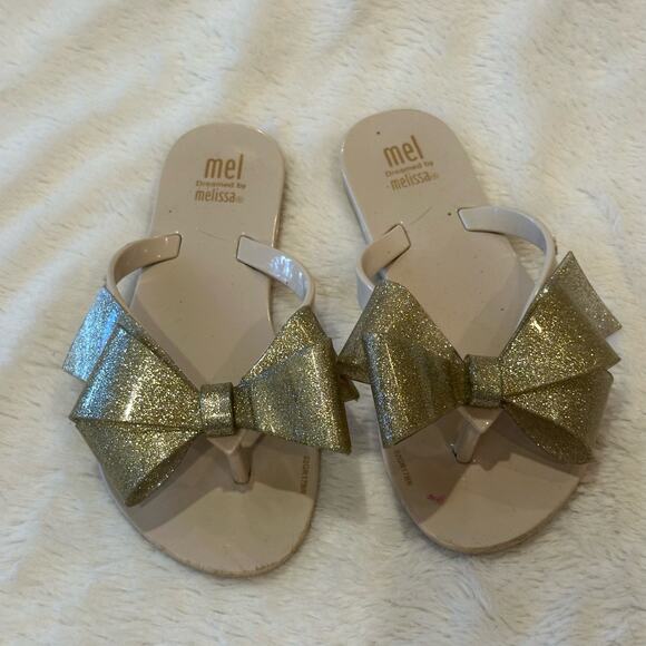 Mini Melissa Gold Bow Flip Flops sz 12 - Picture 2 of 5